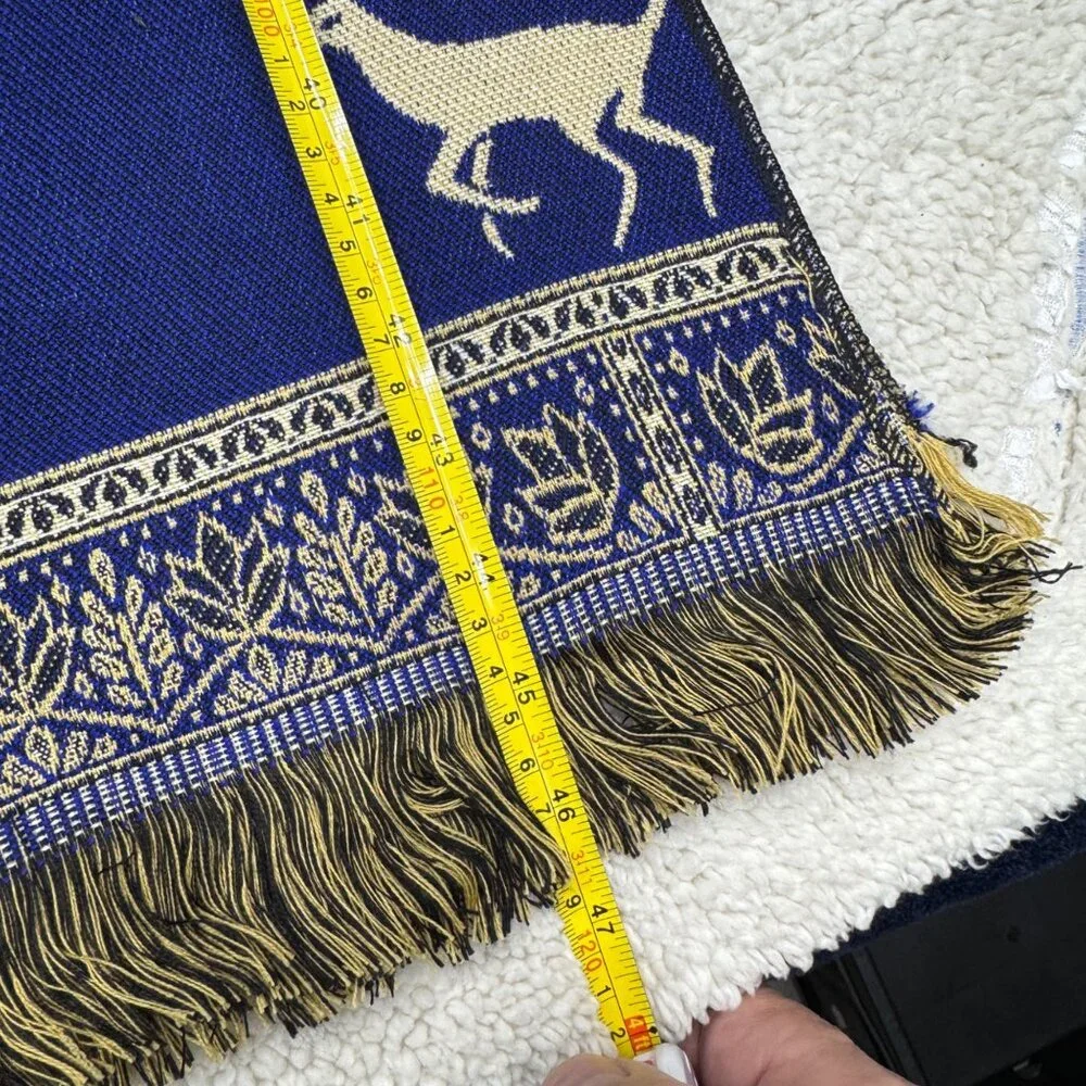 Abu Gazala Egyptian Blue Throw Shawl Or Wall Hanging Deer & Floral Fringe Trim